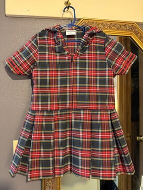 Girls' Red Plaid Hooded Pleated Dress